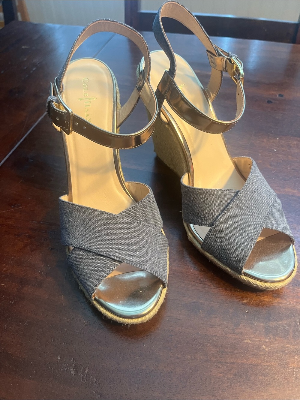 Cole Haan Blue Fabric Crisscross Wedge Sandals with Tan Espadrille Heel
